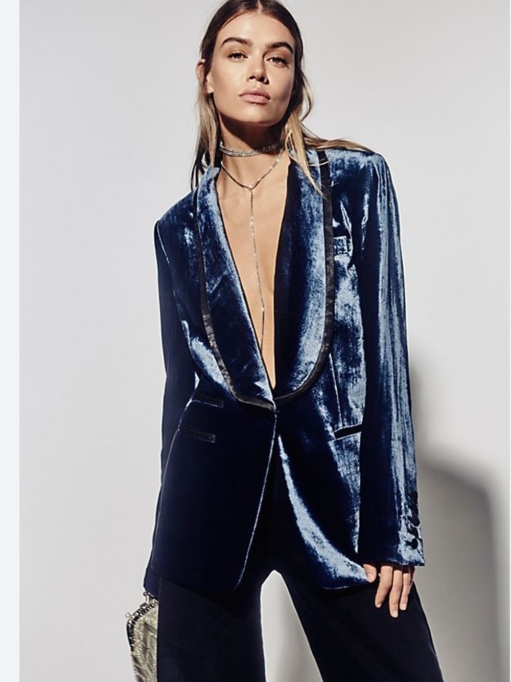 Free People Midnight blue velvet oversized blazer